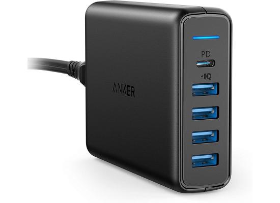 Anker PowerPort 60W 5-Port Desktop Charger, with One 30W Power Delivery Port for Apple MacBook, Nexus 5X/6P, and 4 PowerIQ Ports for iPhone, iPad, and More. - Black